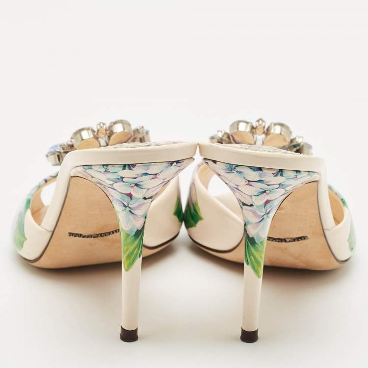 Pre Owned Dolce & Gabbana Multicolor Floral Print Leather Crystal Embellished Slide Sandals Size 37