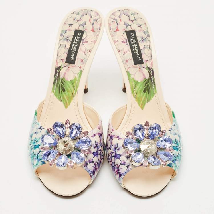 Pre Owned Dolce & Gabbana Multicolor Floral Print Leather Crystal Embellished Slide Sandals Size 37