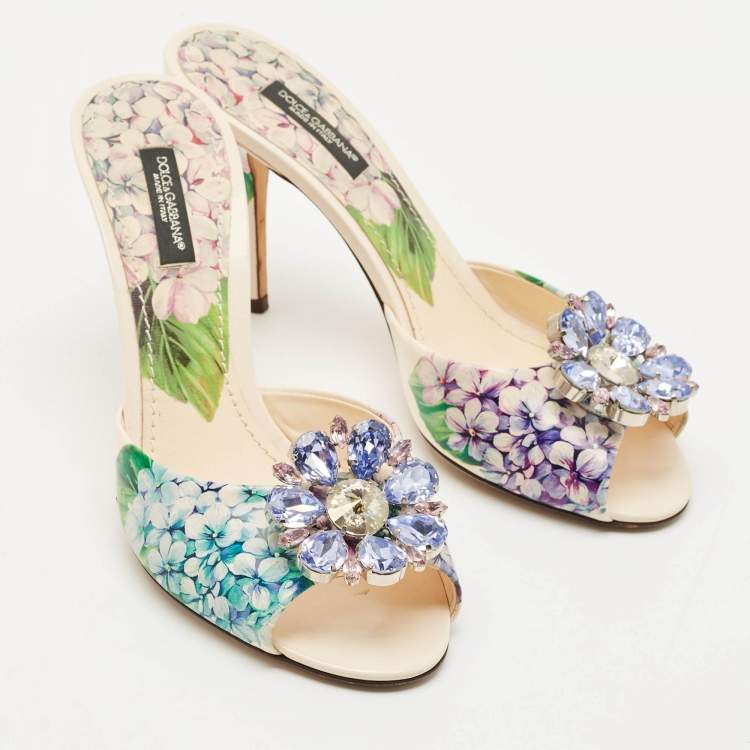 Pre Owned Dolce & Gabbana Multicolor Floral Print Leather Crystal Embellished Slide Sandals Size 37