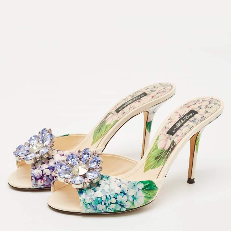 Pre Owned Dolce & Gabbana Multicolor Floral Print Leather Crystal Embellished Slide Sandals Size 37