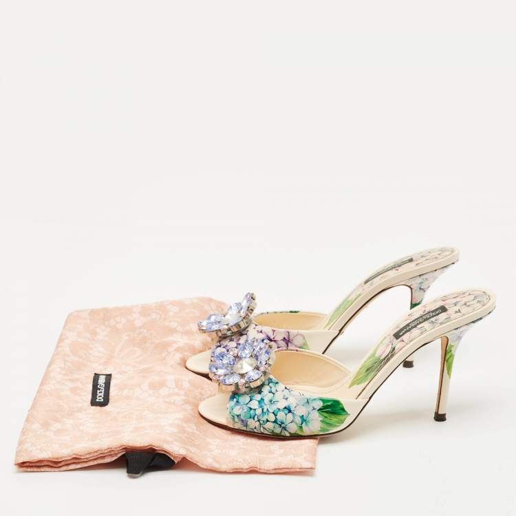 Pre Owned Dolce & Gabbana Multicolor Floral Print Leather Crystal Embellished Slide Sandals Size 37