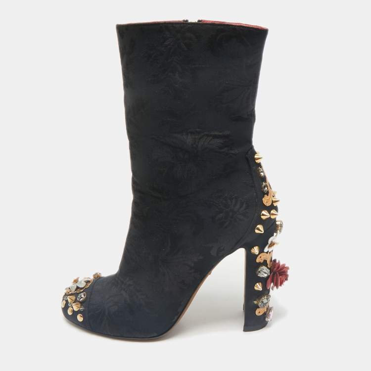Pre Owned Dolce & Gabbana Black Brocade Fabric Crystal Embellished Ankle Length Boots Size 38