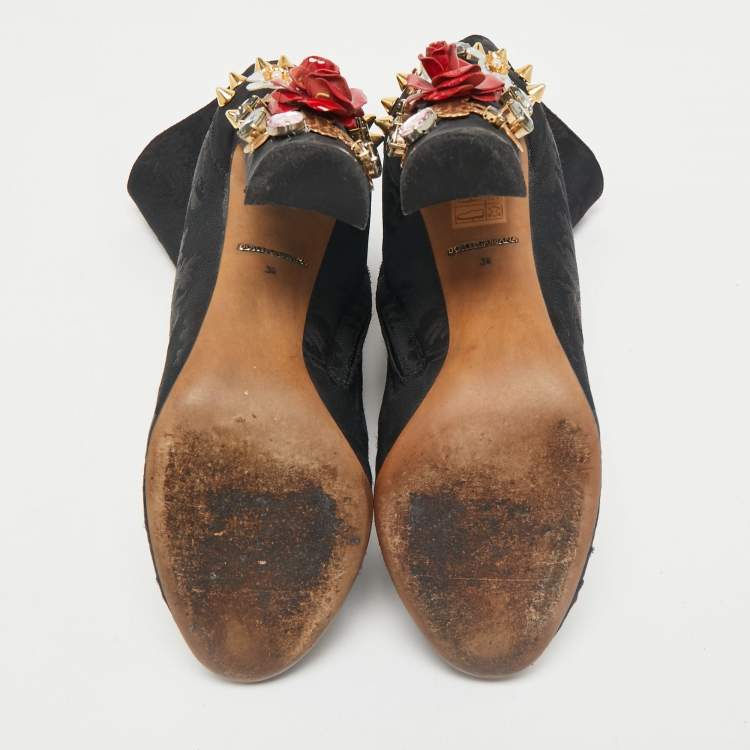 Pre Owned Dolce & Gabbana Black Brocade Fabric Crystal Embellished Ankle Length Boots Size 38