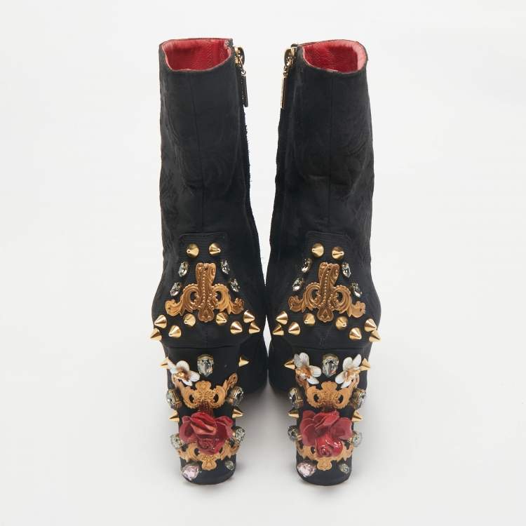 Pre Owned Dolce & Gabbana Black Brocade Fabric Crystal Embellished Ankle Length Boots Size 38