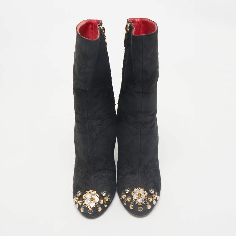 Pre Owned Dolce & Gabbana Black Brocade Fabric Crystal Embellished Ankle Length Boots Size 38
