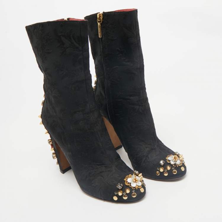 Pre Owned Dolce & Gabbana Black Brocade Fabric Crystal Embellished Ankle Length Boots Size 38