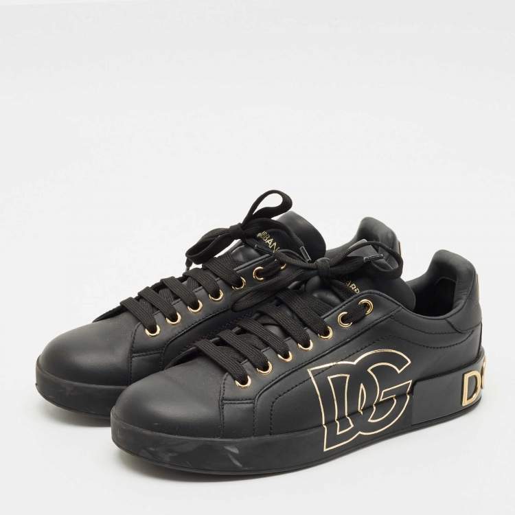 Pre Owned Dolce & Gabbana Black Leather Portofino Low Top Sneakers Size 39.5