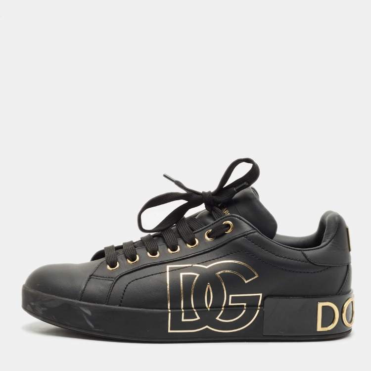 Pre Owned Dolce & Gabbana Black Leather Portofino Low Top Sneakers Size 39.5