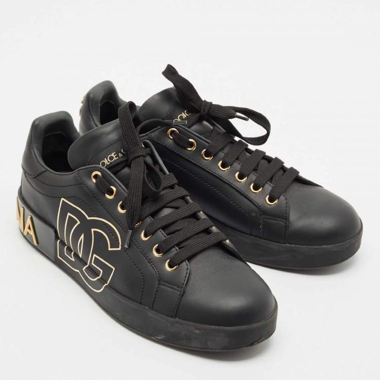 Pre Owned Dolce & Gabbana Black Leather Portofino Low Top Sneakers Size 39.5