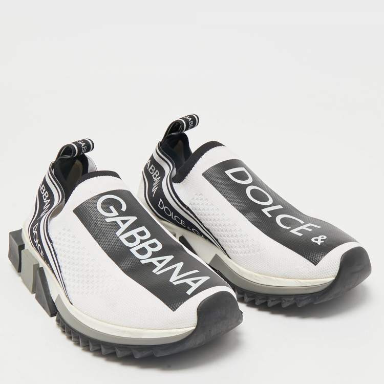 Pre Owned Dolce & Gabbana White/Black Knit Fabric Sorrento Slip On Sneakers Size 37