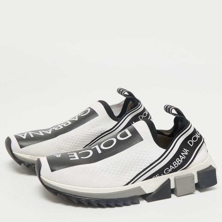 Pre Owned Dolce & Gabbana White/Black Knit Fabric Sorrento Slip On Sneakers Size 37