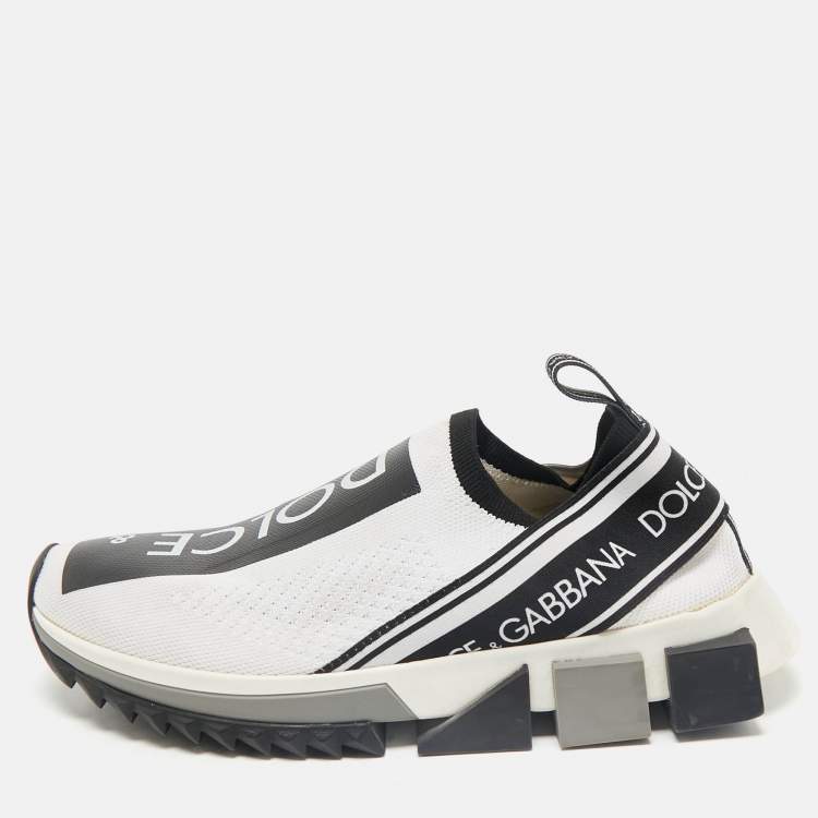 Pre Owned Dolce & Gabbana White/Black Knit Fabric Sorrento Slip On Sneakers Size 37