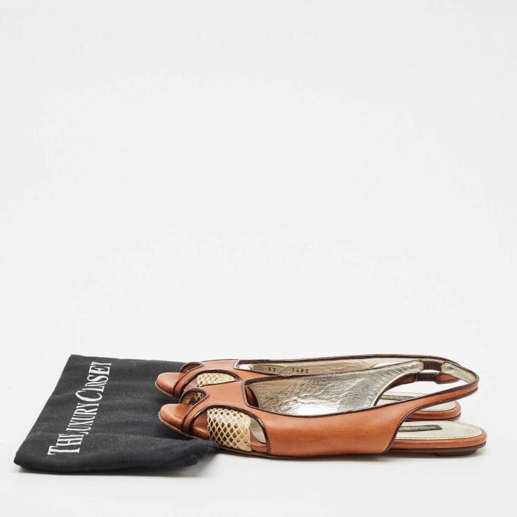 Pre Owned Dolce & Gabbana Brown Leather and Snakeskin Leather Flat Sandals Size 37