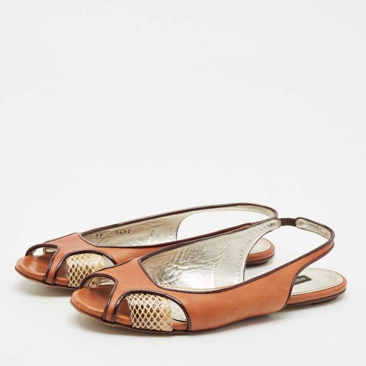 Pre Owned Dolce & Gabbana Brown Leather and Snakeskin Leather Flat Sandals Size 37