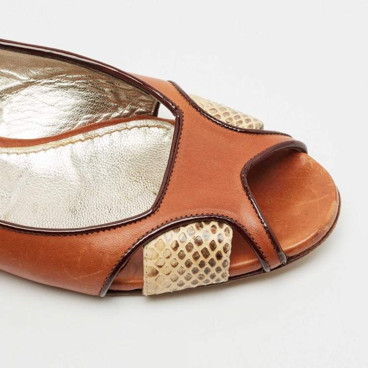Pre Owned Dolce & Gabbana Brown Leather and Snakeskin Leather Flat Sandals Size 37