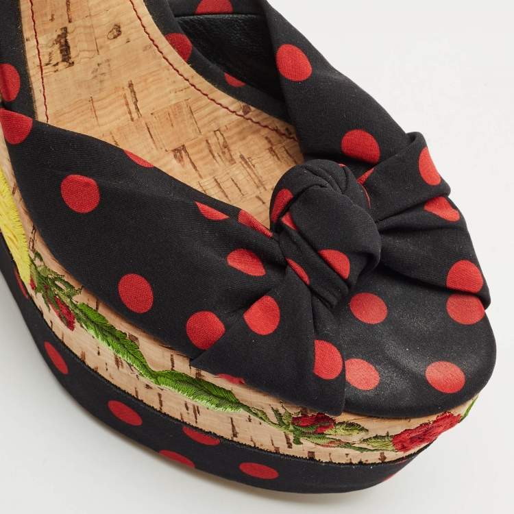 Pre Owned Dolce & Gabbana Multicolor Fabric Polka Dot Embroidered Knotted Bow Wedge Sandals Size 40