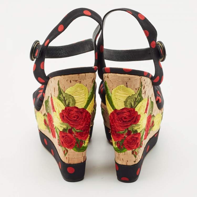 Pre Owned Dolce & Gabbana Multicolor Fabric Polka Dot Embroidered Knotted Bow Wedge Sandals Size 40