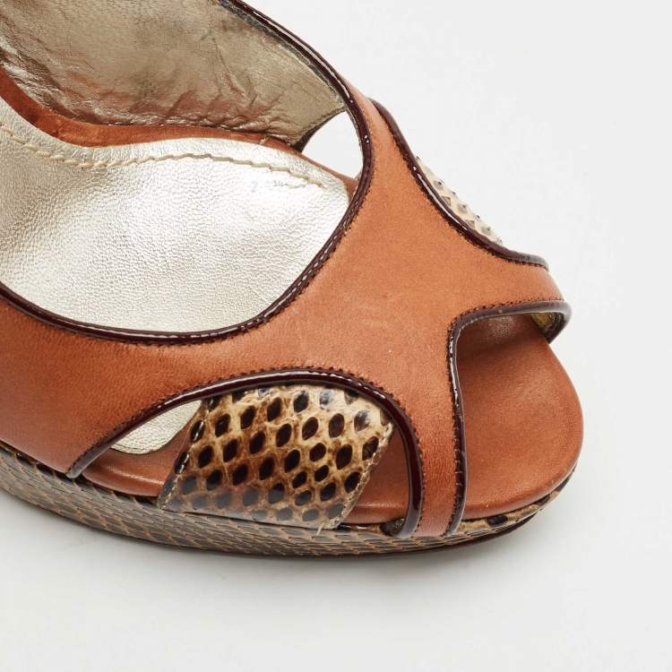 Pre Owned Dolce & Gabbana Brown Leather and Snakeskin Leather Sandals Size 38