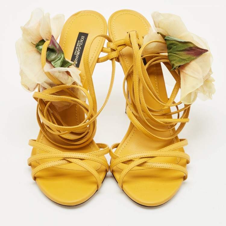 Pre Owned Dolce & Gabbana Yellow Leather Flower Embellished Ankle Wrap Sandals Size 39.5