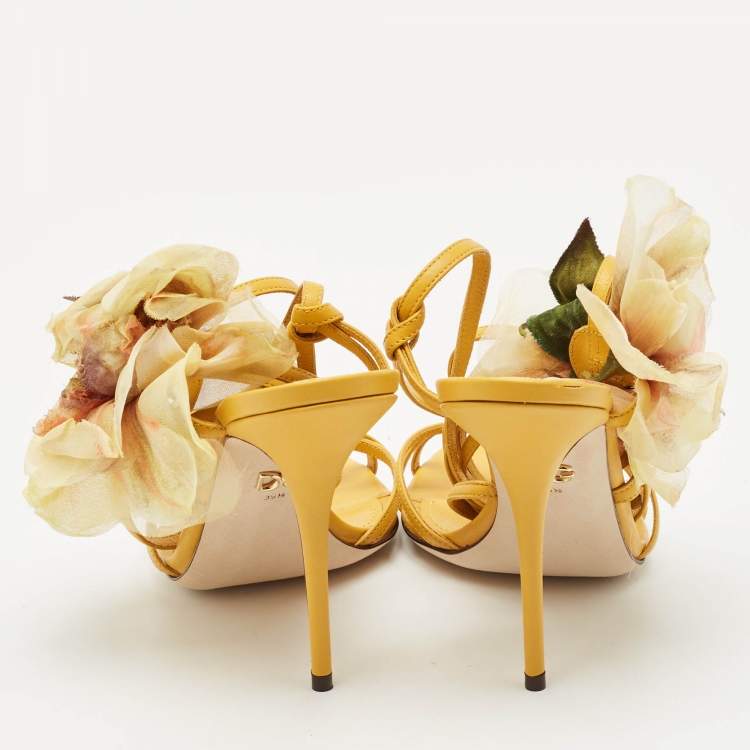 Pre Owned Dolce & Gabbana Yellow Leather Flower Embellished Ankle Wrap Sandals Size 39.5