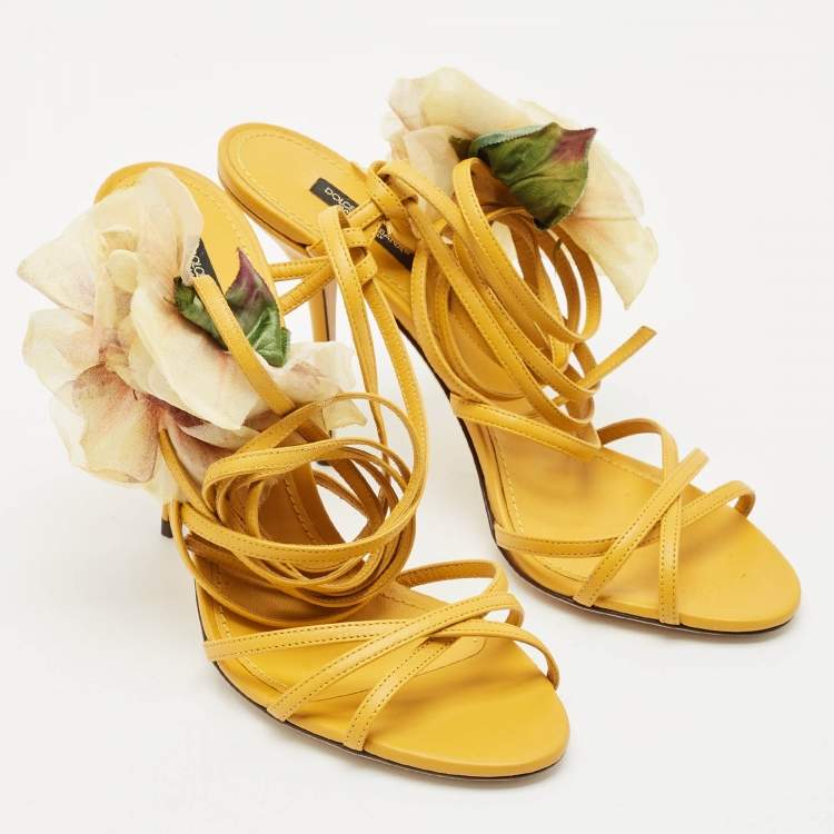 Pre Owned Dolce & Gabbana Yellow Leather Flower Embellished Ankle Wrap Sandals Size 39.5