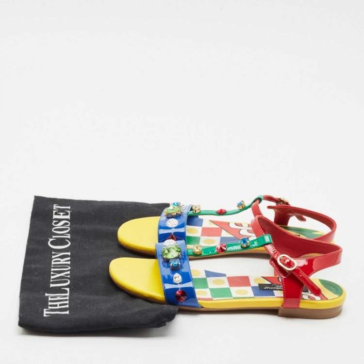 Pre Owned Dolce & Gabbana Multicolor Patent Leather Crystals Embellished T-Strap Sandals Size 34