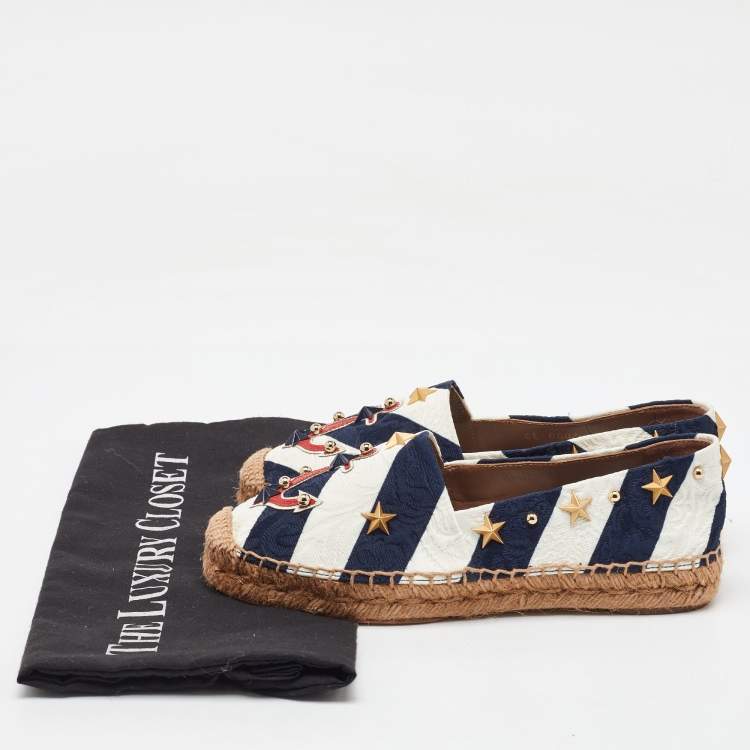 Pre Owned Dolce & Gabbana Navy Blue/White Striped Brocade Fabric Star Studded Espadrille Flats Size 35