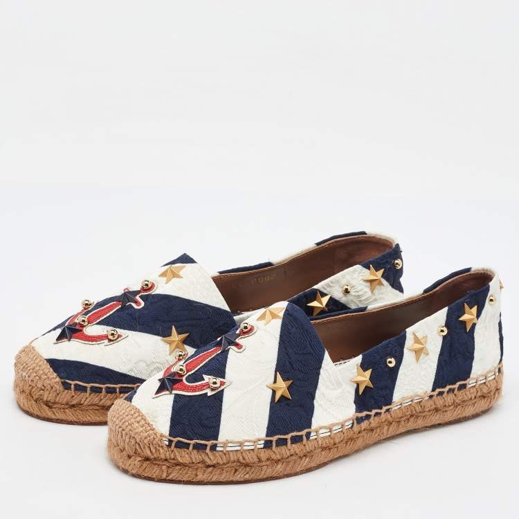 Pre Owned Dolce & Gabbana Navy Blue/White Striped Brocade Fabric Star Studded Espadrille Flats Size 35