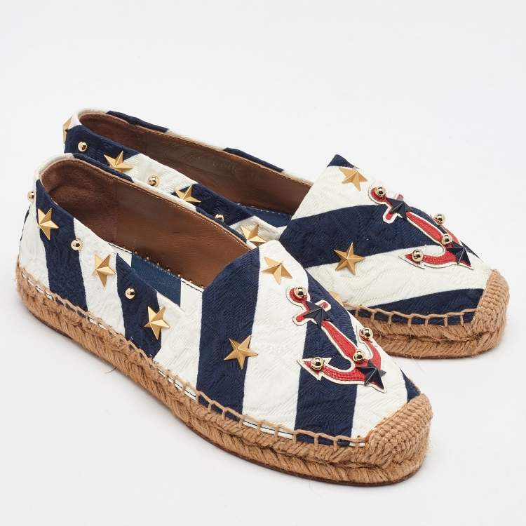 Pre Owned Dolce & Gabbana Navy Blue/White Striped Brocade Fabric Star Studded Espadrille Flats Size 35