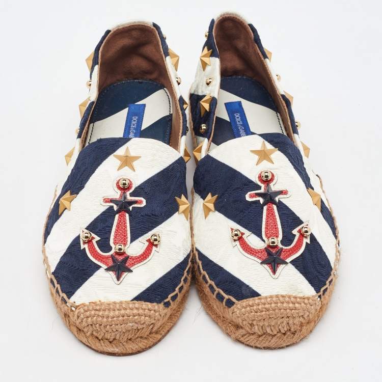 Pre Owned Dolce & Gabbana Navy Blue/White Striped Brocade Fabric Star Studded Espadrille Flats Size 35