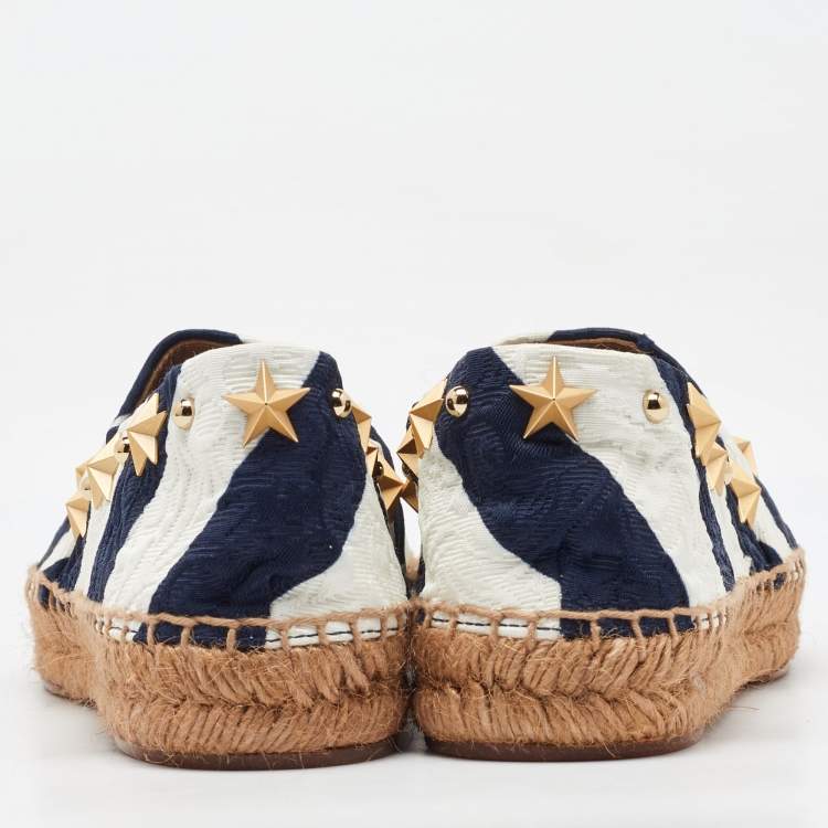 Pre Owned Dolce & Gabbana Navy Blue/White Striped Brocade Fabric Star Studded Espadrille Flats Size 35