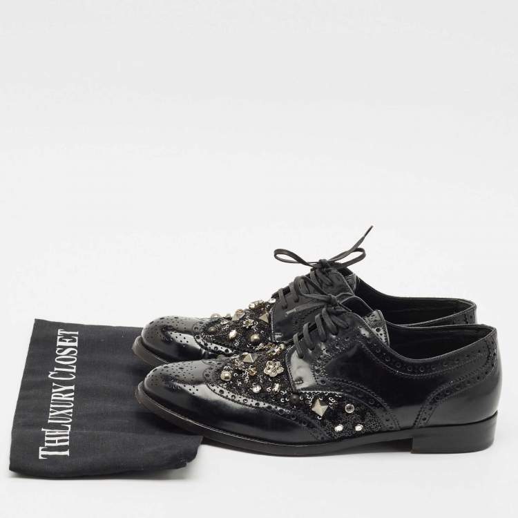 Pre Owned Dolce & Gabbana Black Brogue Leather Studded Embellished Lace Oxfords Size 40