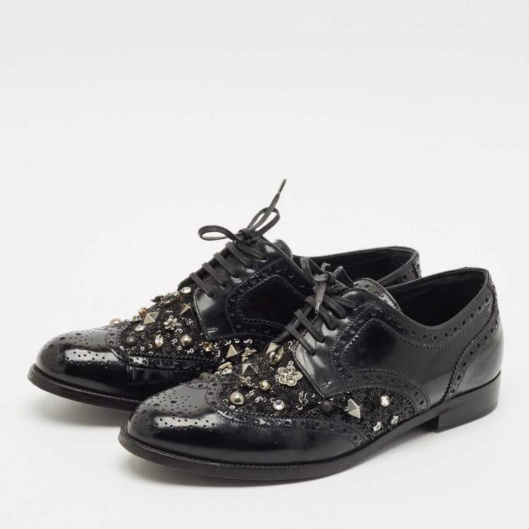 Pre Owned Dolce & Gabbana Black Brogue Leather Studded Embellished Lace Oxfords Size 40