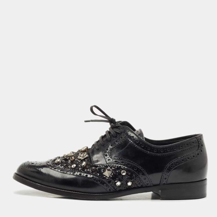 Pre Owned Dolce & Gabbana Black Brogue Leather Studded Embellished Lace Oxfords Size 40
