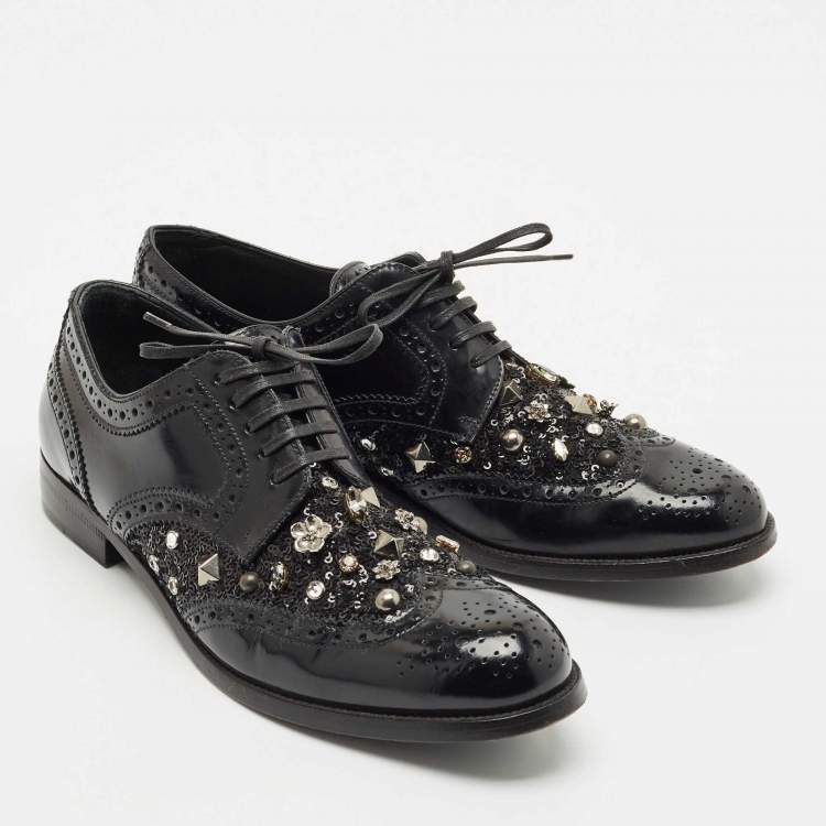 Pre Owned Dolce & Gabbana Black Brogue Leather Studded Embellished Lace Oxfords Size 40