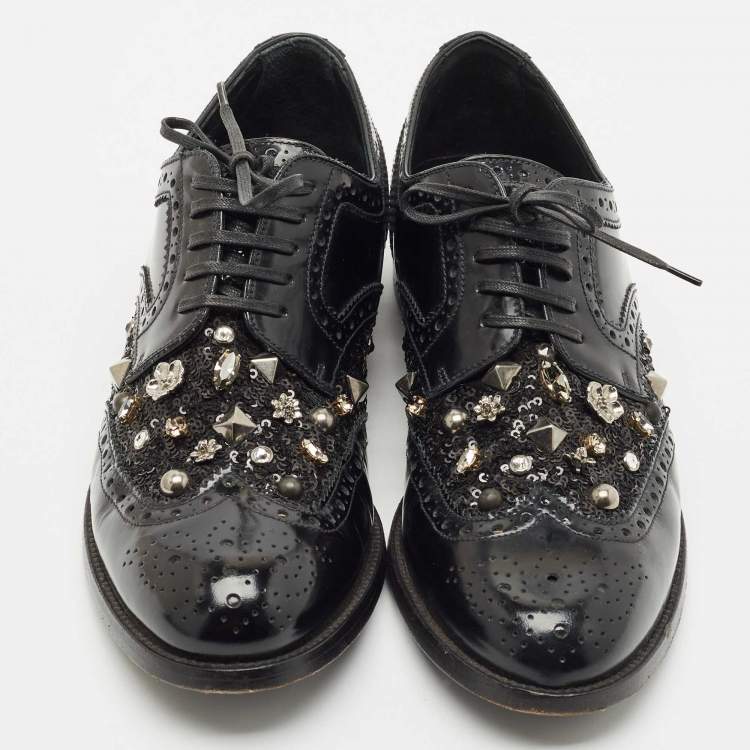 Pre Owned Dolce & Gabbana Black Brogue Leather Studded Embellished Lace Oxfords Size 40