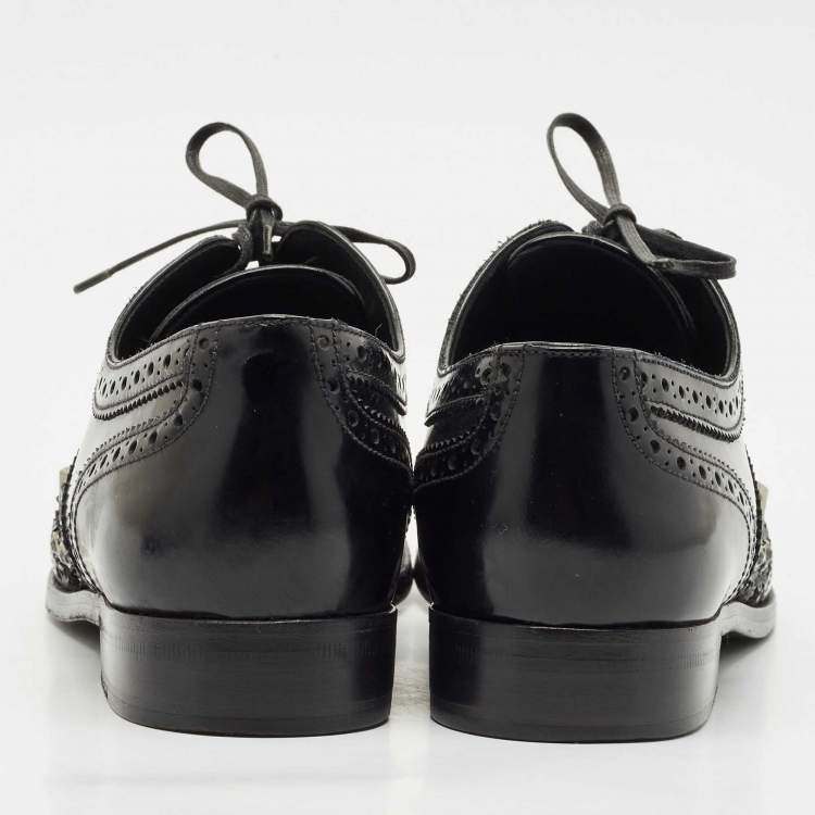 Pre Owned Dolce & Gabbana Black Brogue Leather Studded Embellished Lace Oxfords Size 40