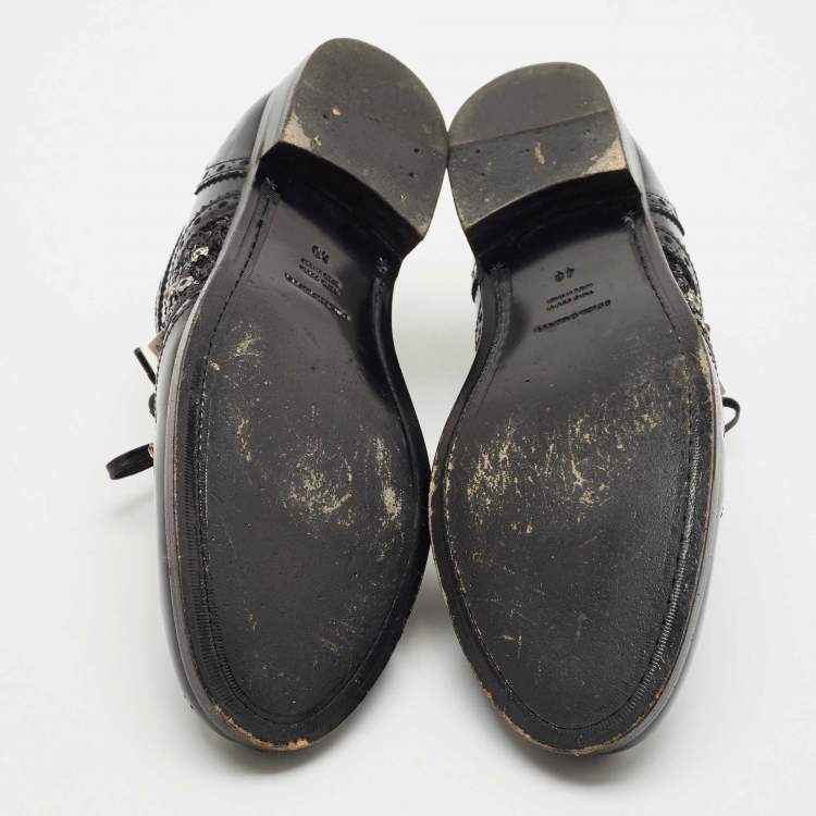 Pre Owned Dolce & Gabbana Black Brogue Leather Studded Embellished Lace Oxfords Size 40