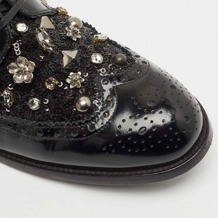 Pre Owned Dolce & Gabbana Black Brogue Leather Studded Embellished Lace Oxfords Size 40