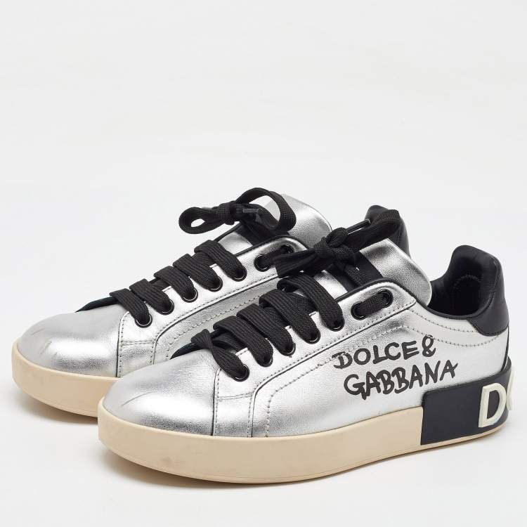 Pre Owned Dolce & Gabbana Silver/Black Leather Low Top Sneakers Size 35