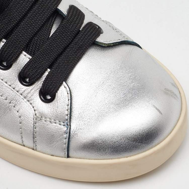 Pre Owned Dolce & Gabbana Silver/Black Leather Low Top Sneakers Size 35