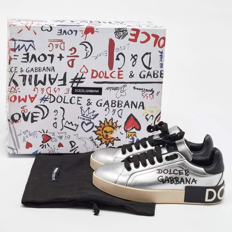 Pre Owned Dolce & Gabbana Silver/Black Leather Low Top Sneakers Size 35