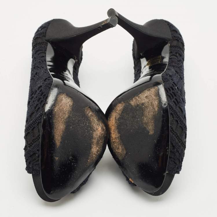 Pre Owned Dolce & Gabbana Black Lace and Mesh Embellished Peep Toe Pumps Size 39