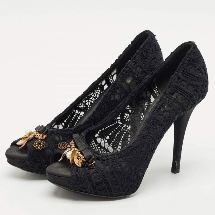 Pre Owned Dolce & Gabbana Black Lace and Mesh Embellished Peep Toe Pumps Size 39