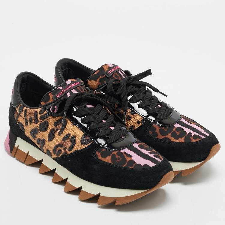 Pre Owned Dolce & Gabbana Multicolor Leopard Print Leather and Suede Running Low Top Sneakers Size 41