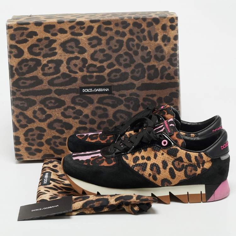 Pre Owned Dolce & Gabbana Multicolor Leopard Print Leather and Suede Running Low Top Sneakers Size 41