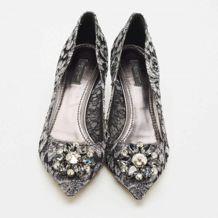 Pre Owned Dolce & Gabbana Silver/Black Lace Bellucci Crystal Embellished Pumps Size 40.5