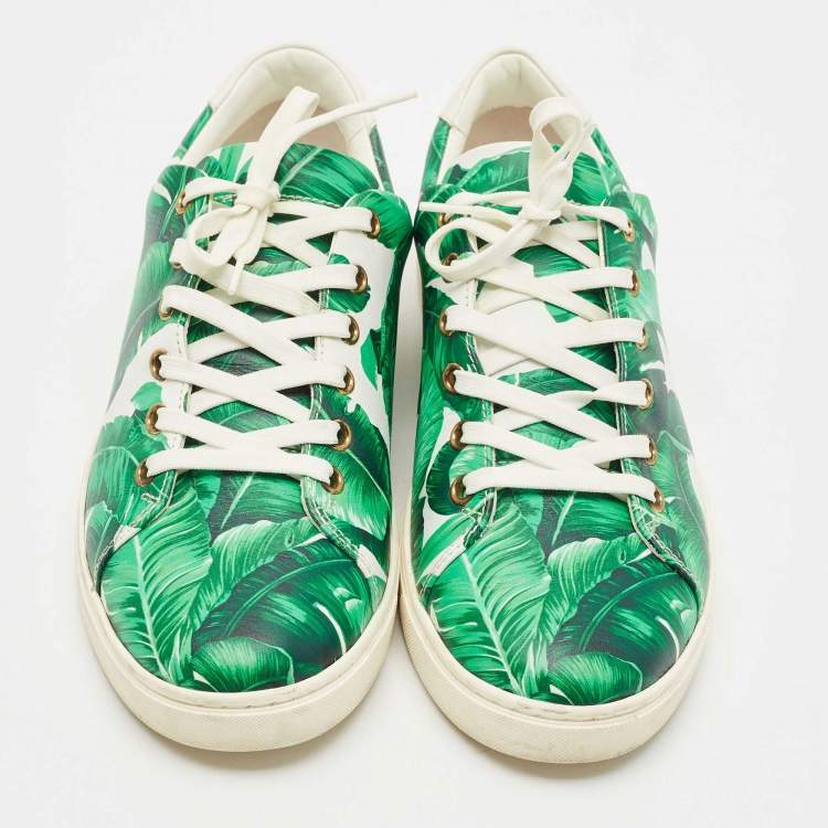 Pre Owned Dolce & Gabbana Green/White Leather Banana Leaf Print Low Top Sneakers Size 40