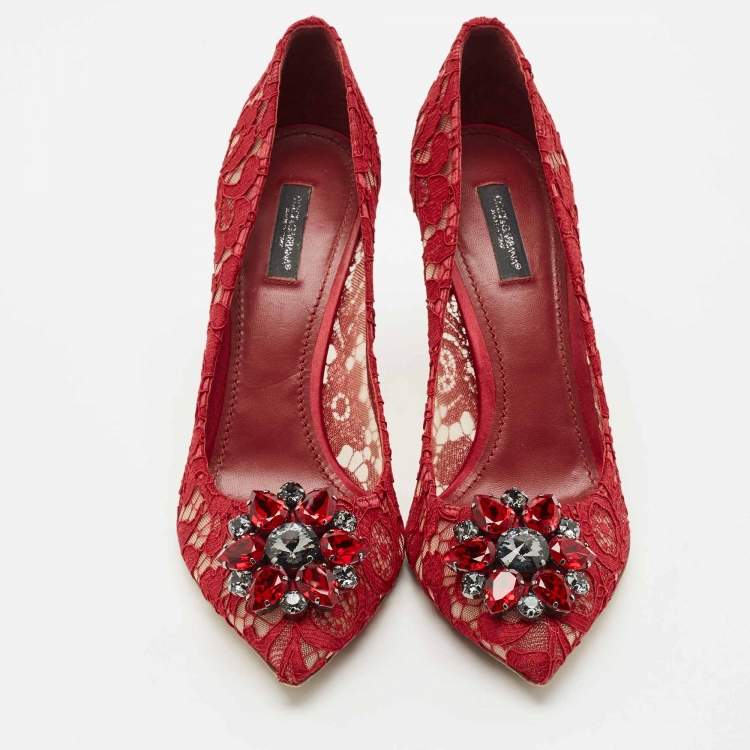 Pre Owned Dolce & Gabbana Red Lace Bellucci Pumps Size 40.5