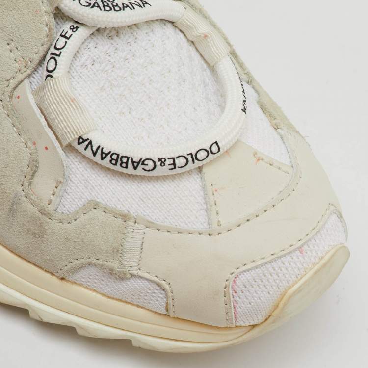 Pre Owned Dolce & Gabbana White Knit Fabric, Suede and Leather Sorrento Lace Up Sneakers Size 36